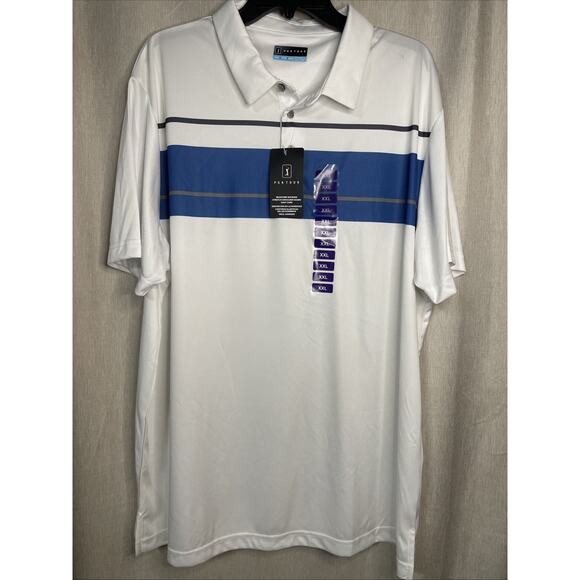 PGA Tour NWT Men’s Sz XXL White Blue Grey Short Sleeve 3 Button Golf Polo Shirt - Picture 1 of 6